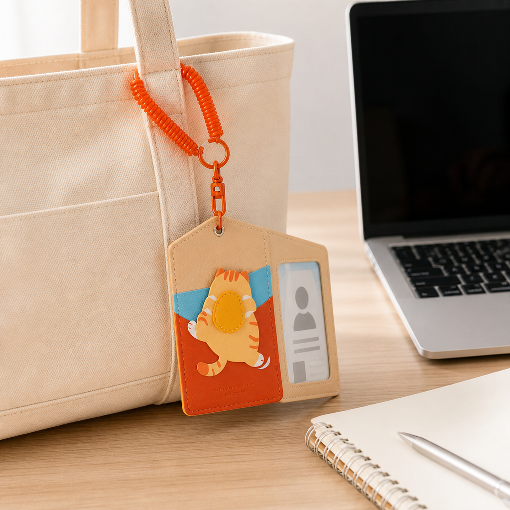 FluffyHunt PU Leather Peek-a-Boo Animal ID Card Holder Keychain