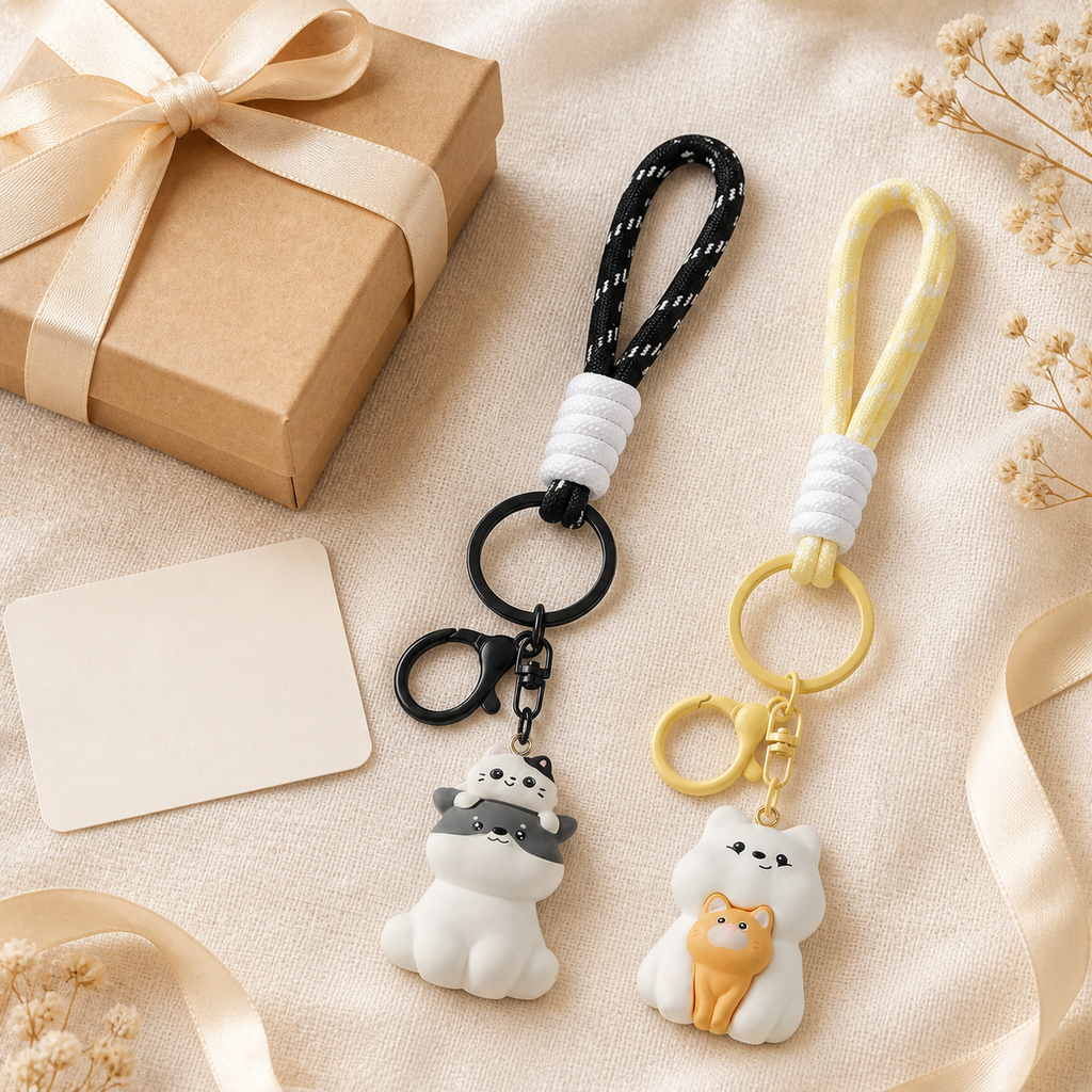 FluffyHunt Resin Cats & Dogs Stacked Keychain – Includes Matching Card