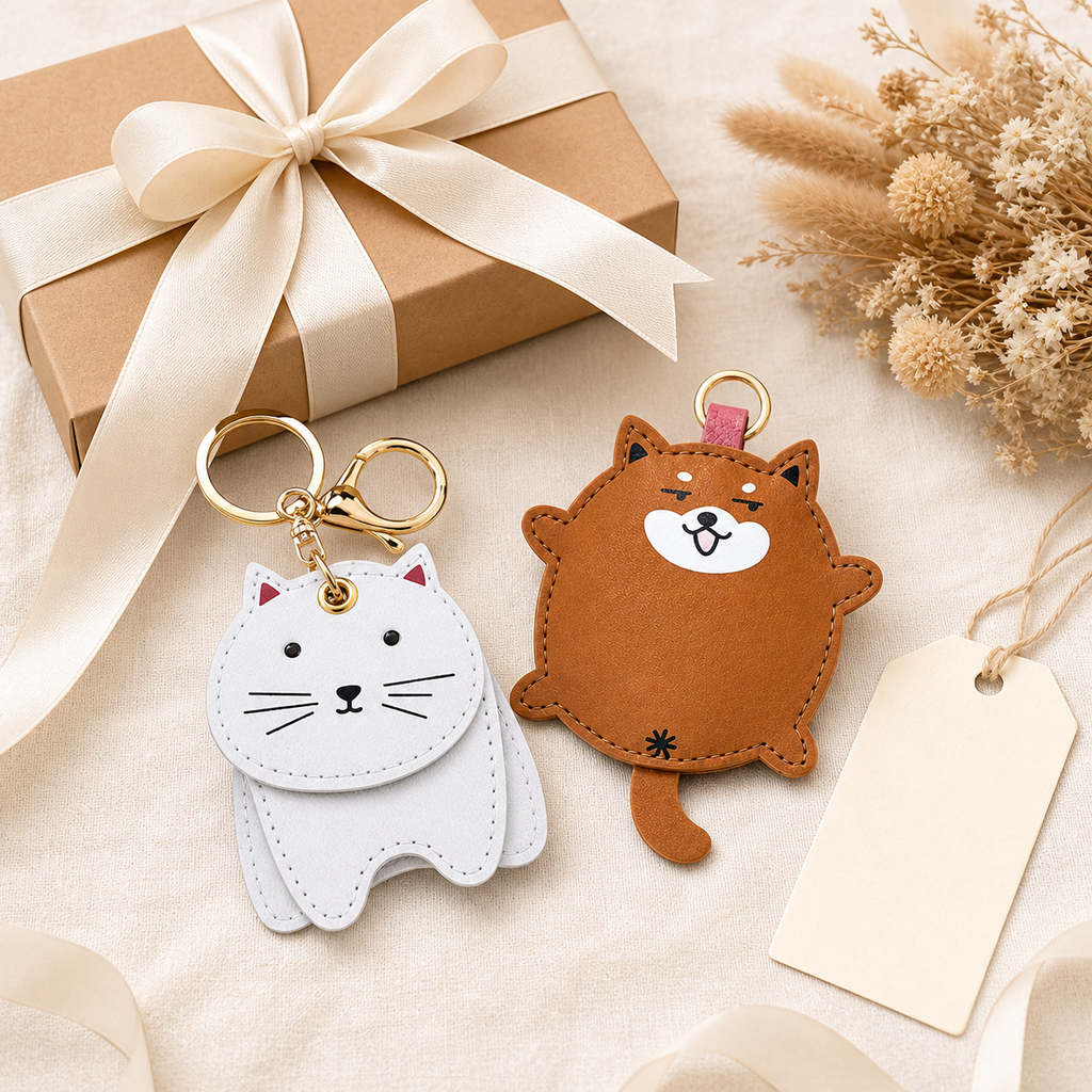 FluffyHunt PU Leather Layered Animal Keychain – Cat & Shiba Dog