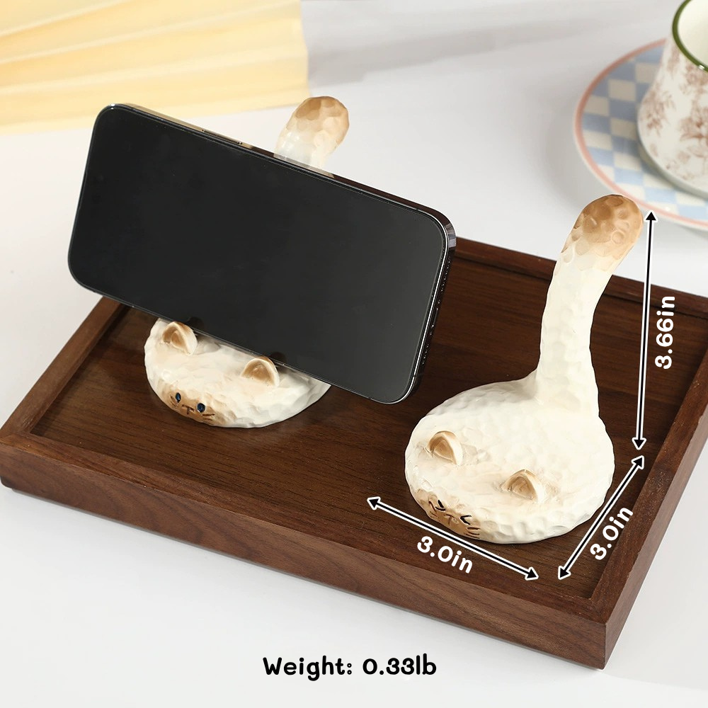 Hand-Carved Cat Phone Stand – Wooden-Style Resin Kitty Desk Holder for Phone & Tablet