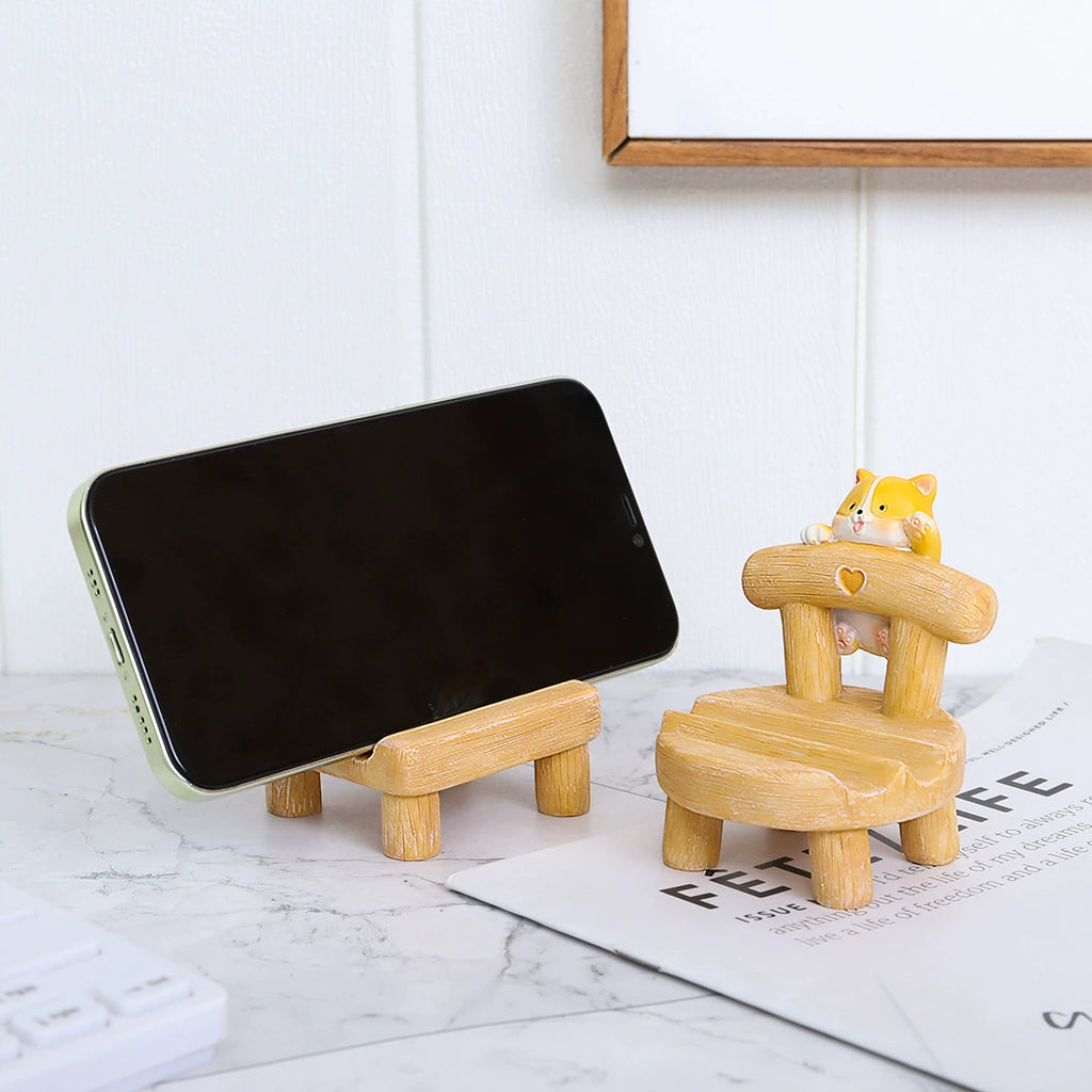 Cute Wood Stool Cat & Corgi Resin Phone Stand