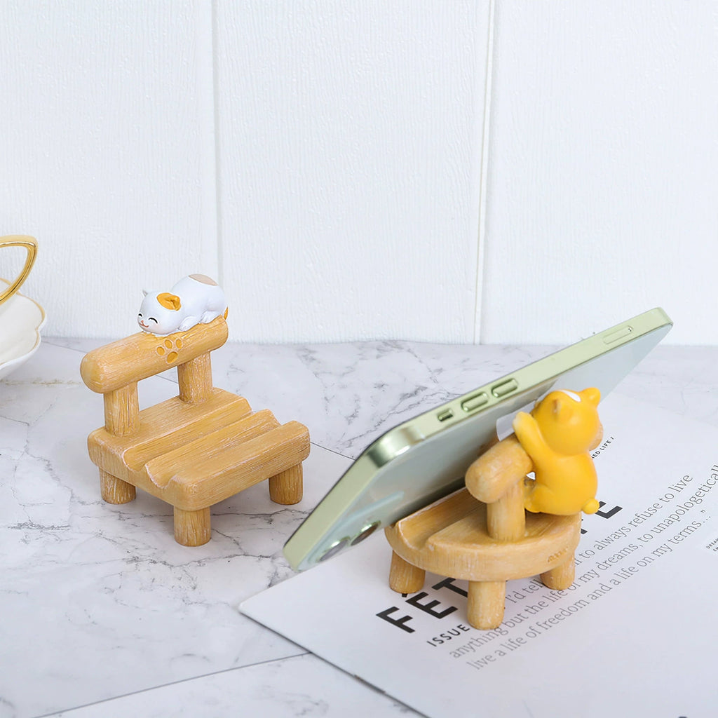 Cute Wood Stool Cat & Corgi Resin Phone Stand