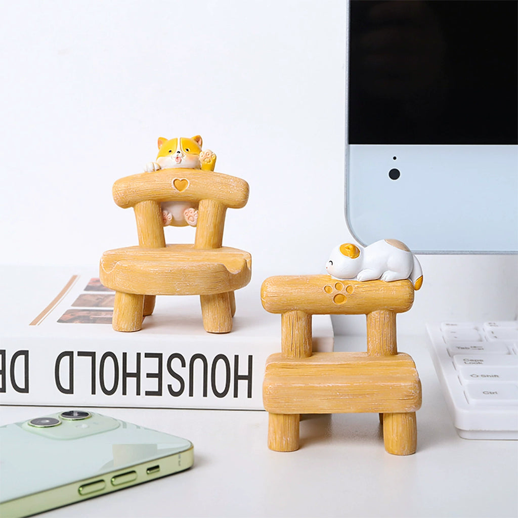 Cute Wood Stool Cat & Corgi Resin Phone Stand