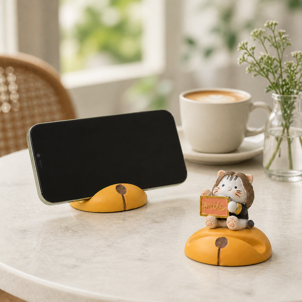 Celebrity Cat Phone Stand – Wig & Smile Sign Resin Figurine