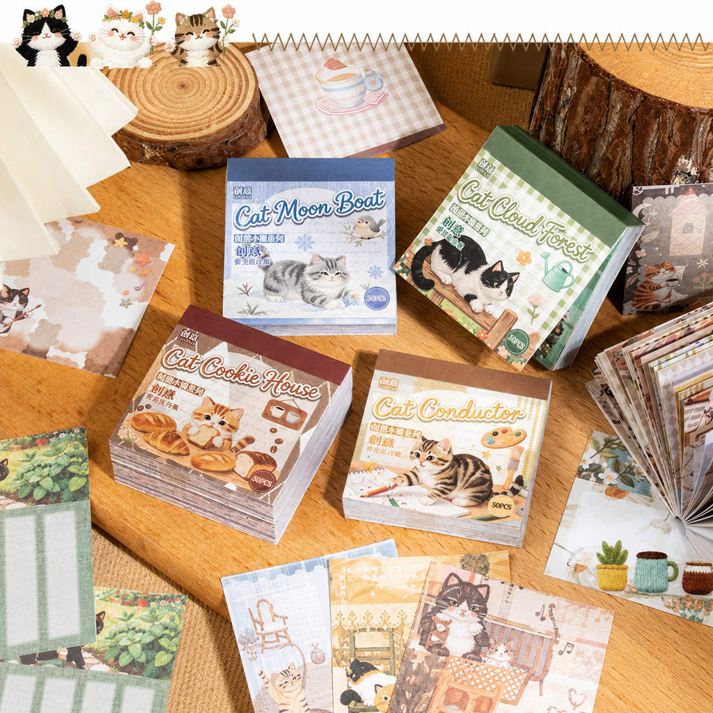 Cute Cat Illustrated Sticky Notes | 50 Mixed Designs, 4 Themes