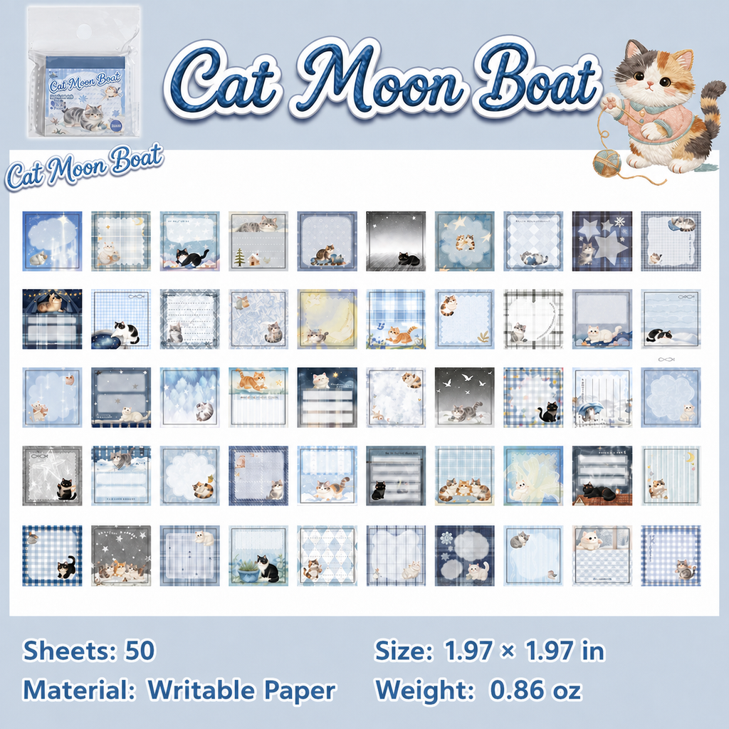 Cute Cat Illustrated Sticky Notes | 50 Mixed Designs, 4 Themes