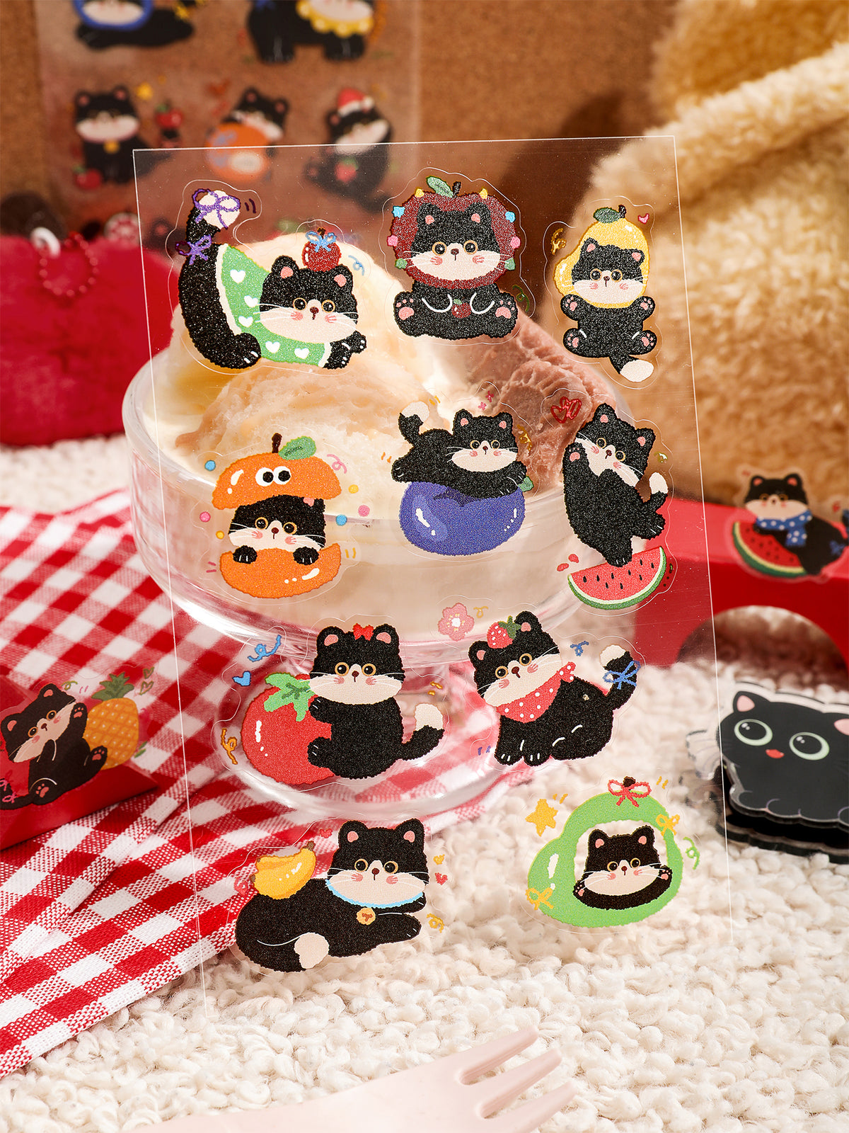 Chubby Black Cat Deco PET Stickers for Journaling & Toploaders - 4 Sheets (6 Themes)