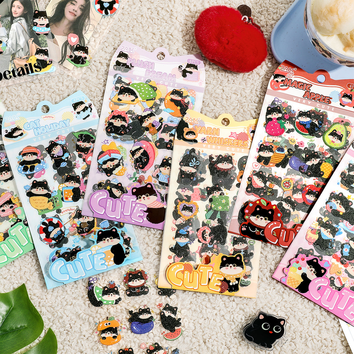 Chubby Black Cat Deco PET Stickers for Journaling & Toploaders - 4 Sheets (6 Themes)