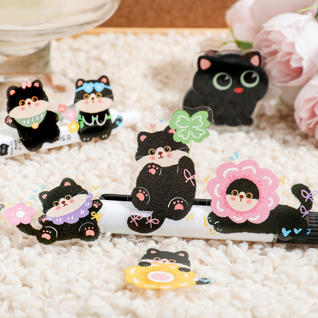 Chubby Black Cat Deco PET Stickers for Journaling & Toploaders - 4 Sheets (6 Themes)