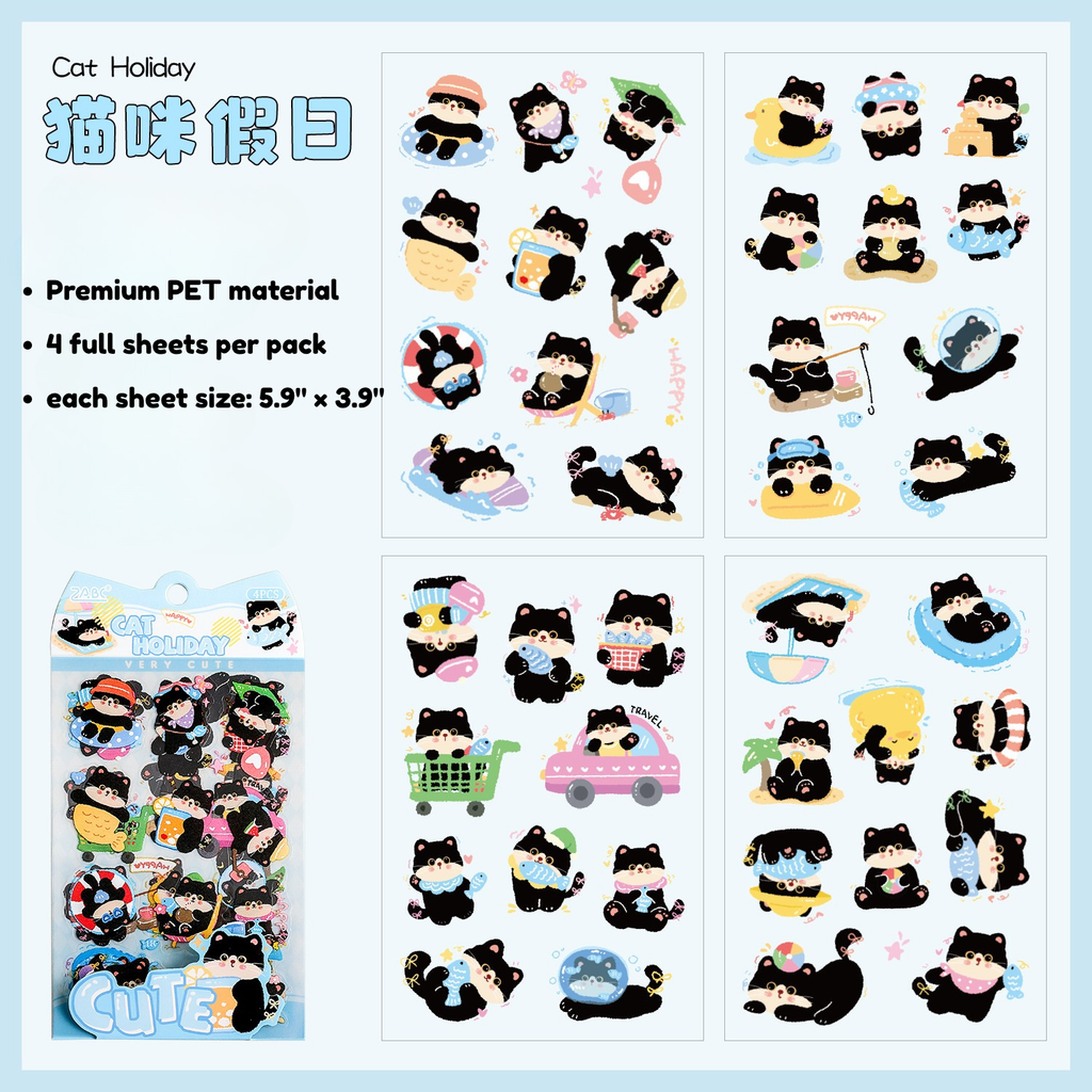 Chubby Black Cat Deco PET Stickers for Journaling & Toploaders - 4 Sheets (6 Themes)