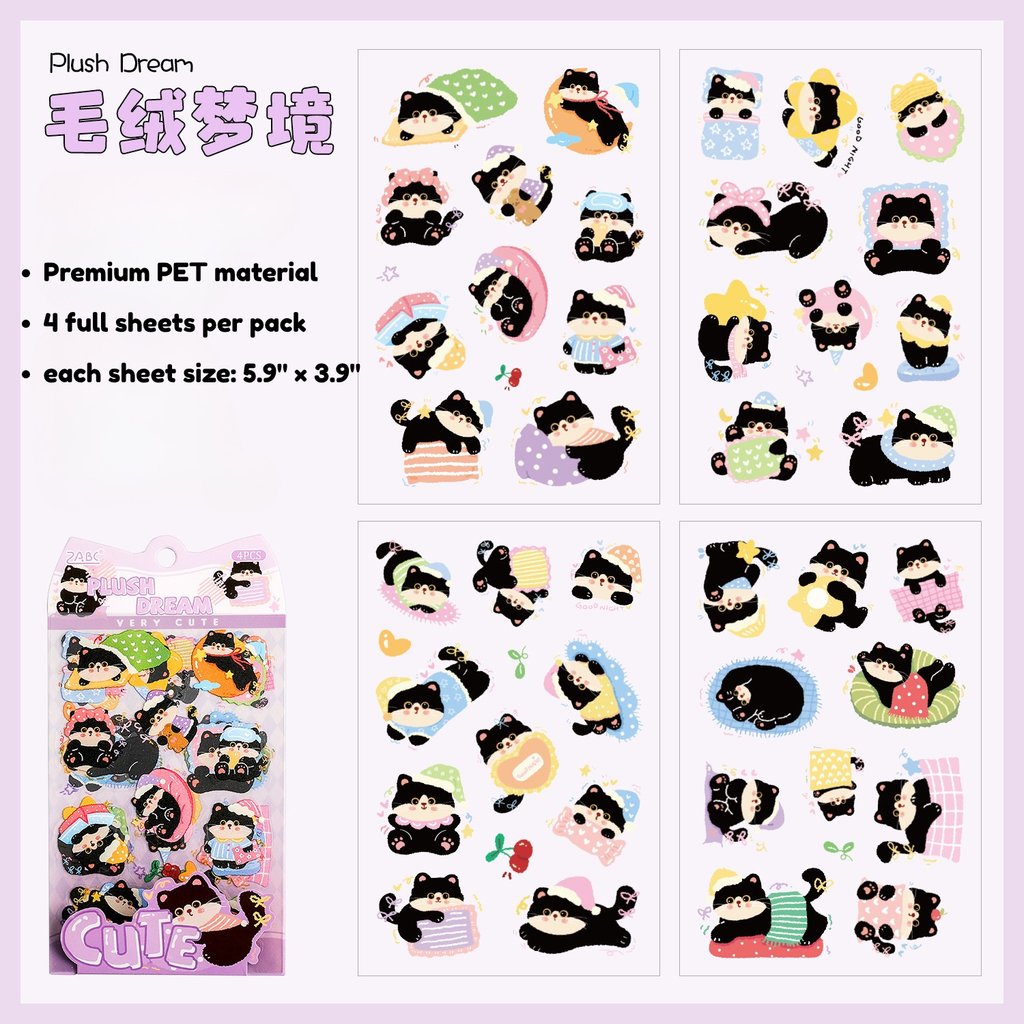 Chubby Black Cat Deco PET Stickers for Journaling & Toploaders - 4 Sheets (6 Themes)