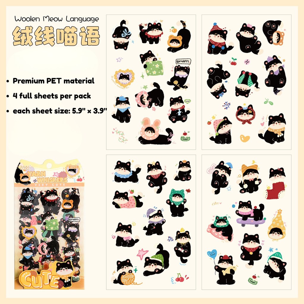 Chubby Black Cat Deco PET Stickers for Journaling & Toploaders - 4 Sheets (6 Themes)