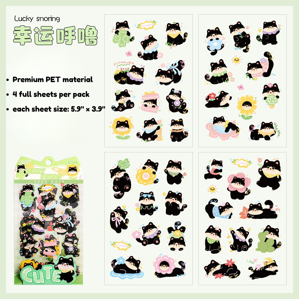 Chubby Black Cat Deco PET Stickers for Journaling & Toploaders - 4 Sheets (6 Themes)