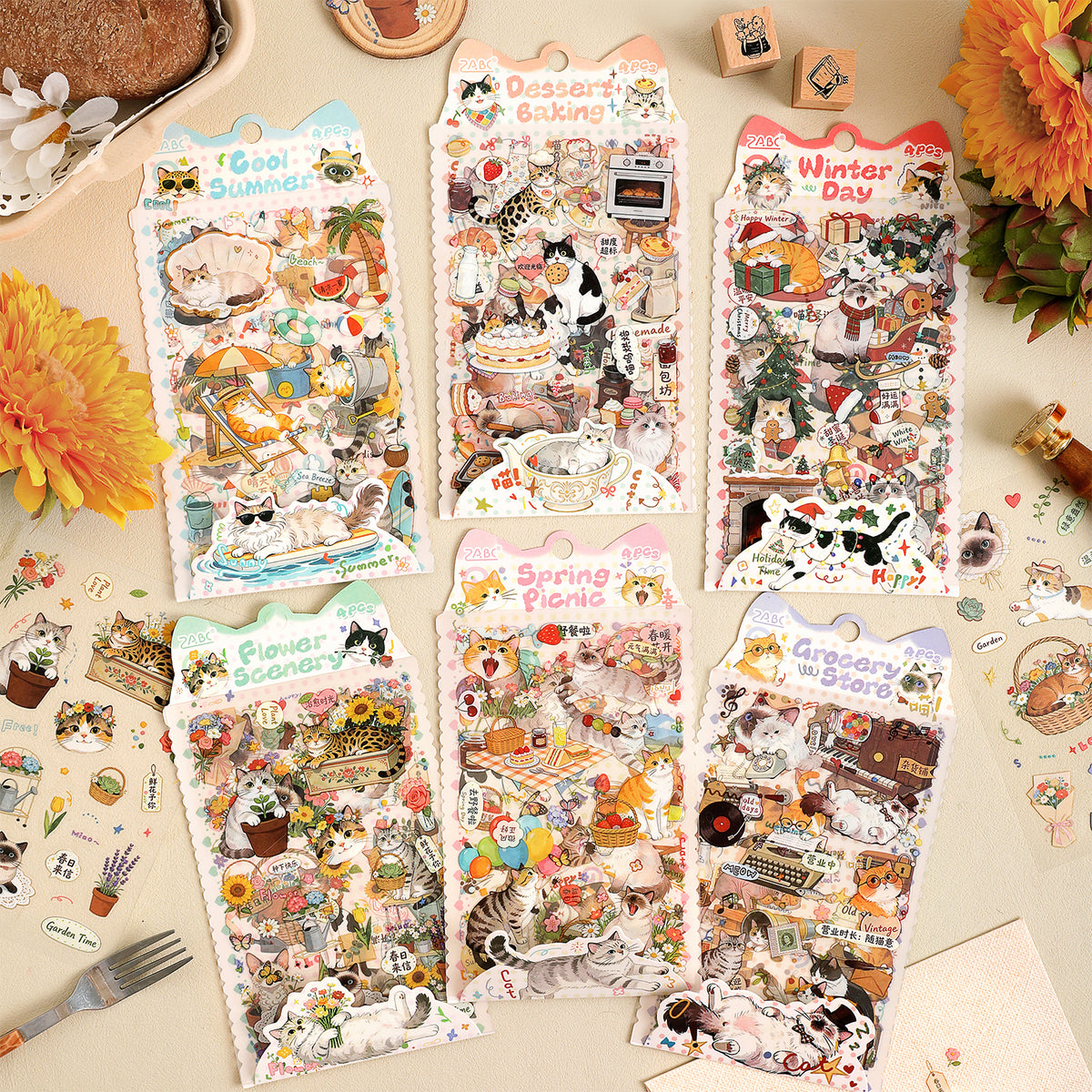 Watercolor Cat Deco Stickers Pack for Journaling -- 4 Sheets (6 Themes)
