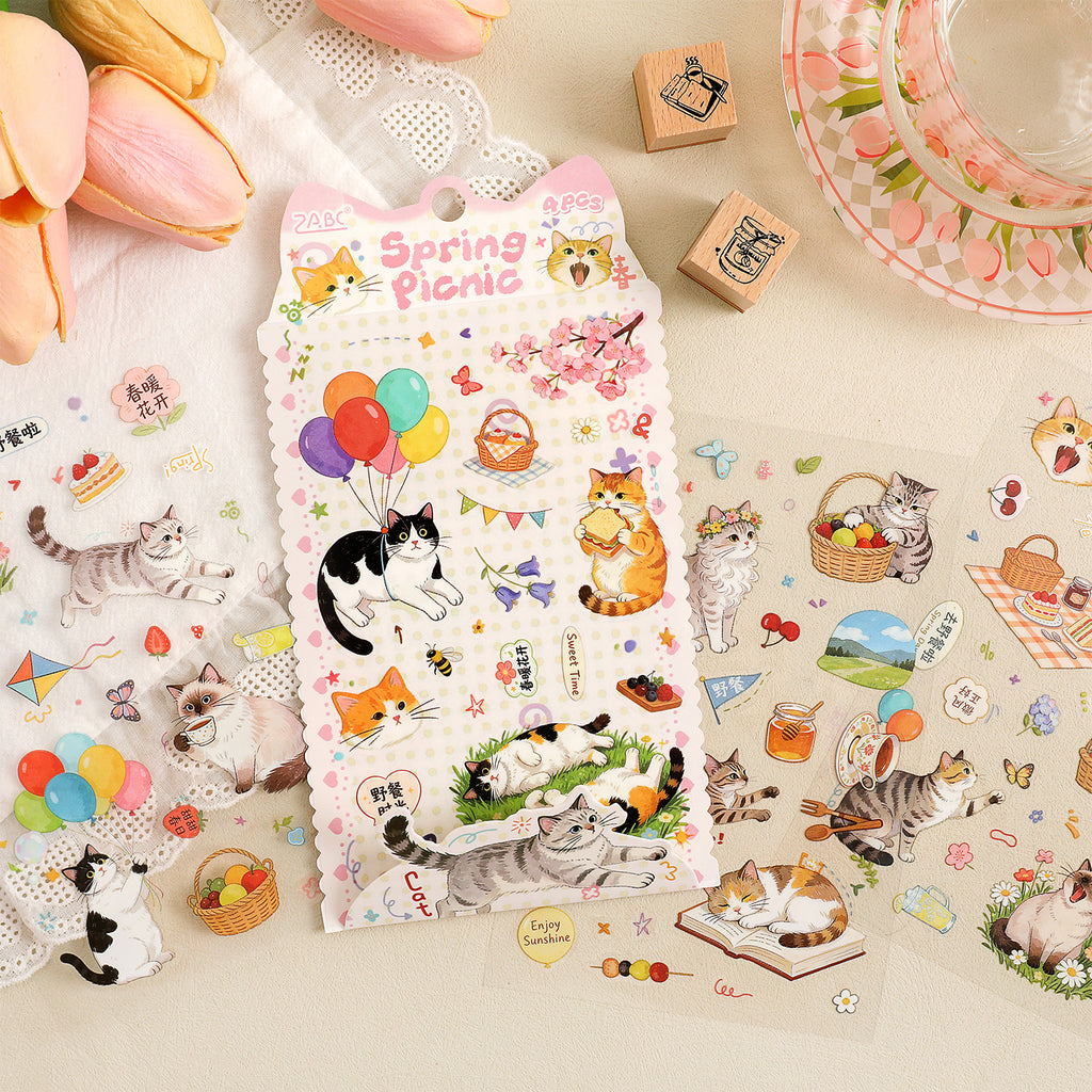 Watercolor Cat Deco Stickers Pack for Journaling -- 4 Sheets (6 Themes)