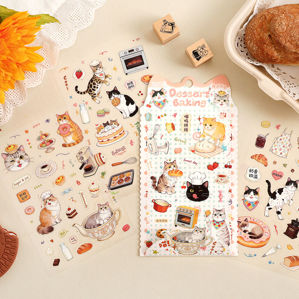 Watercolor Cat Deco Stickers Pack for Journaling -- 4 Sheets (6 Themes)