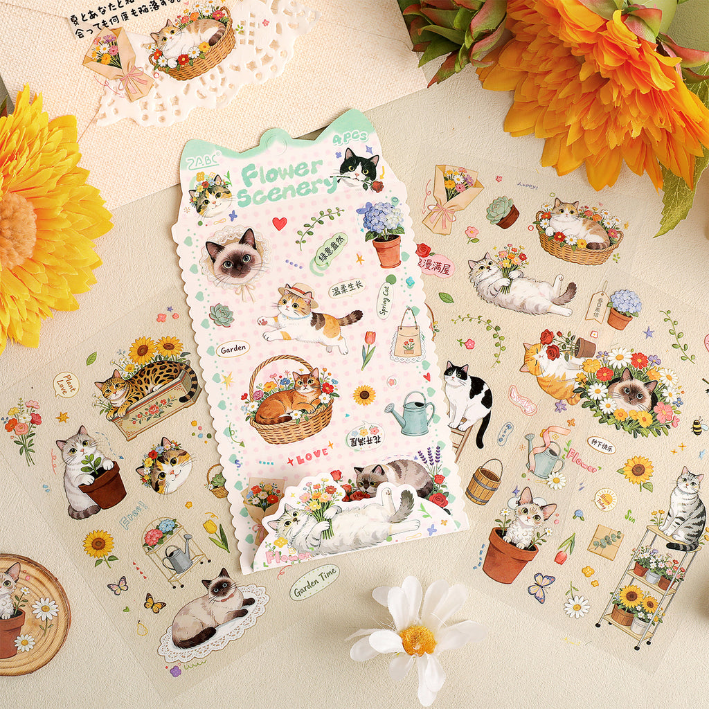 Watercolor Cat Deco Stickers Pack for Journaling -- 4 Sheets (6 Themes)