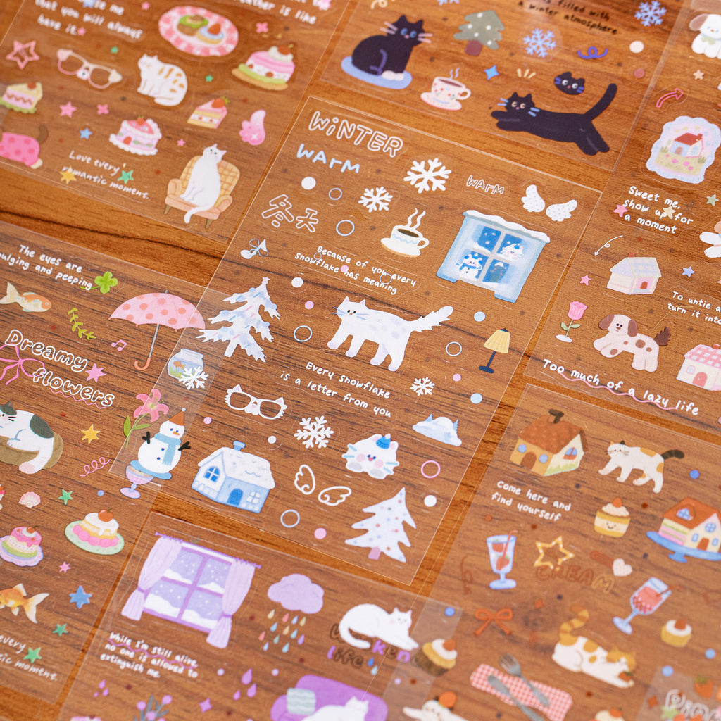 Watercolor Cat Journaling Sticker Collection with Handwritten Quotes – 20 Sheets(2 Palettes)