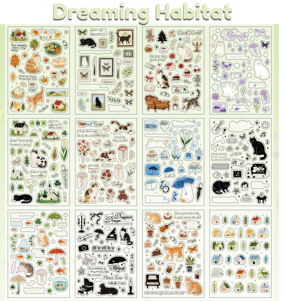 Watercolor Cat Journaling Sticker Collection with Handwritten Quotes – 20 Sheets(2 Palettes)