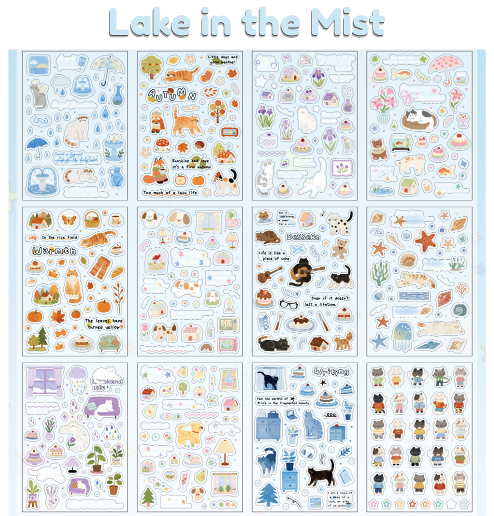 Watercolor Cat Journaling Sticker Collection with Handwritten Quotes – 20 Sheets(2 Palettes)