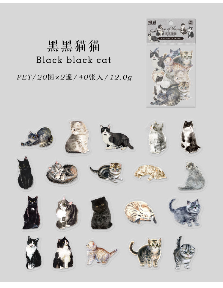 Realistic Cat Sticker Flakes  for Journaling – 40 Pcs(6 Styles) Watercolor PET Die