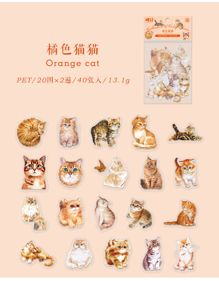 Realistic Cat Sticker Flakes  for Journaling – 40 Pcs(6 Styles) Watercolor PET Die