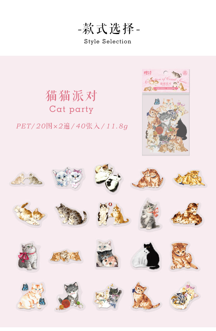 Realistic Cat Sticker Flakes  for Journaling – 40 Pcs(6 Styles) Watercolor PET Die