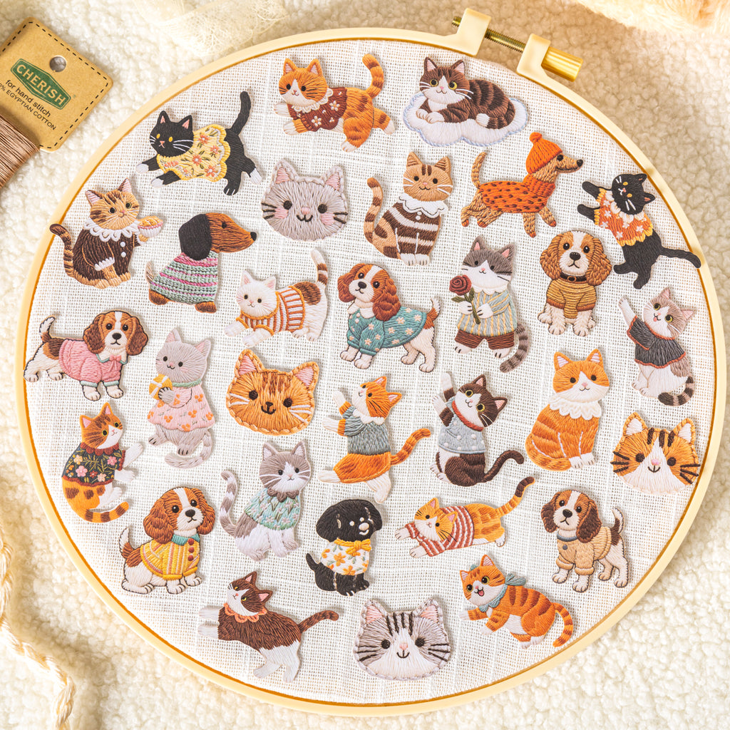Felt Embroidery Cat & Dog Paper Sticker Flakes – 20 Pcs Stitched(6 Styles)
