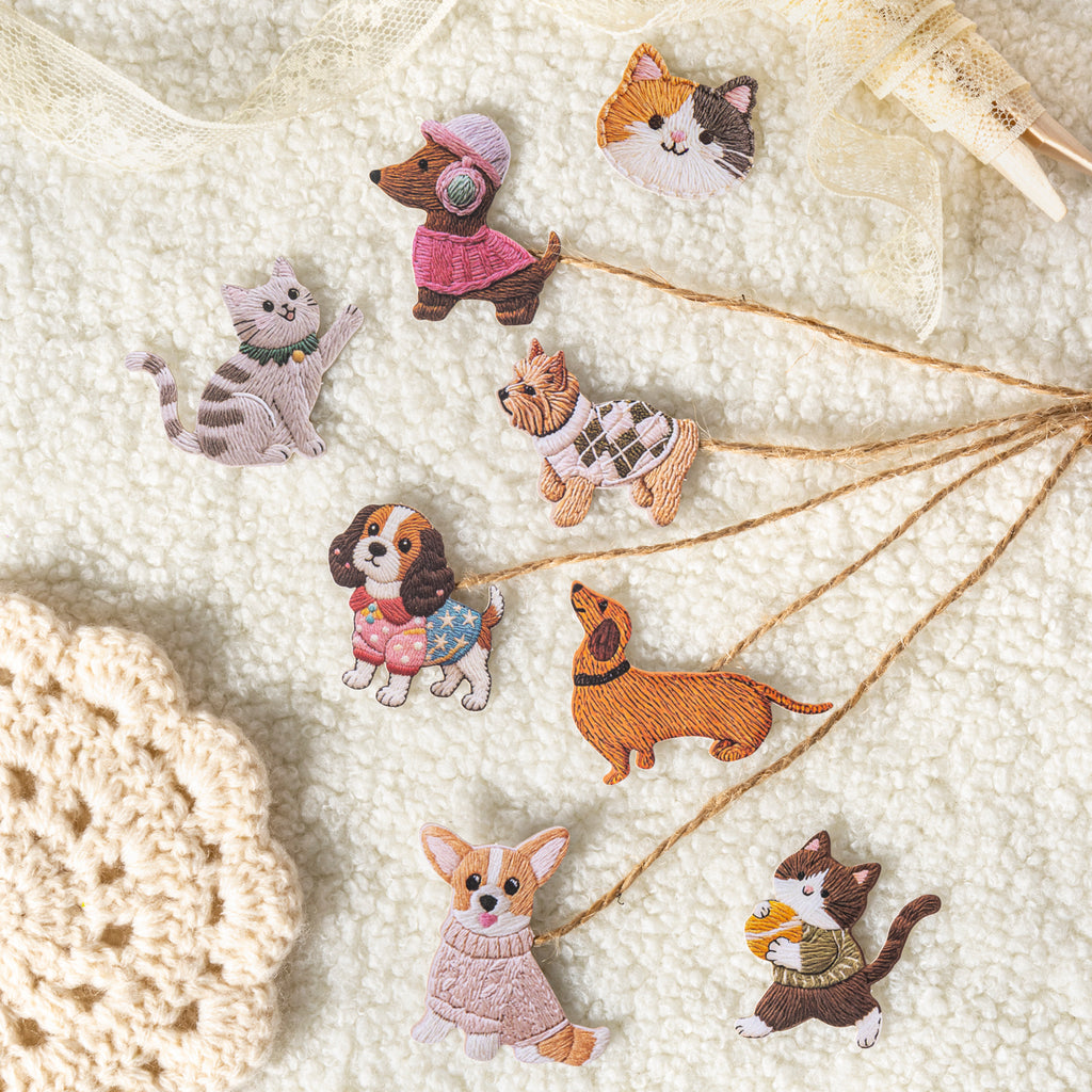 Felt Embroidery Cat & Dog Paper Sticker Flakes – 20 Pcs Stitched(6 Styles)