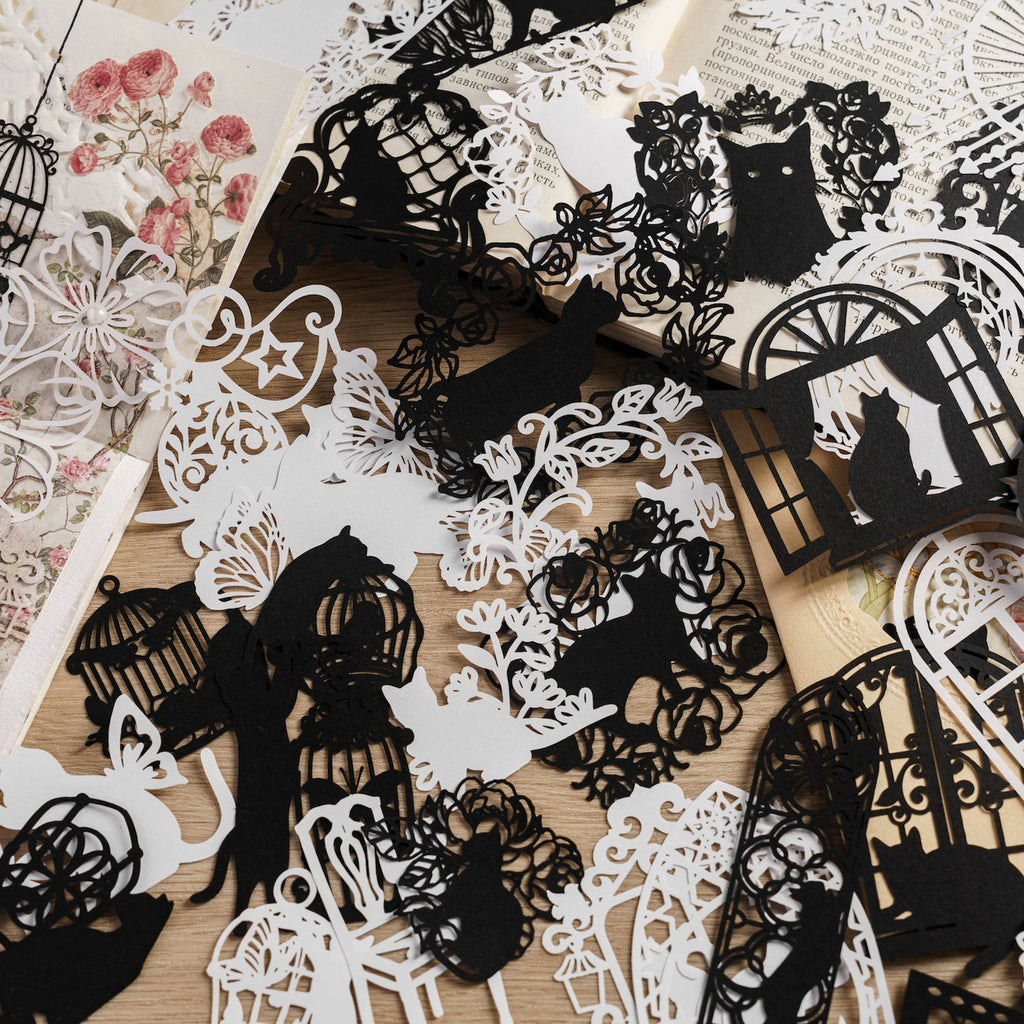 Little Black Cat's Wonderful Adventure Hollow-Out Card Pack | 10 cards per pack, 4 Styles, Black Cardstock