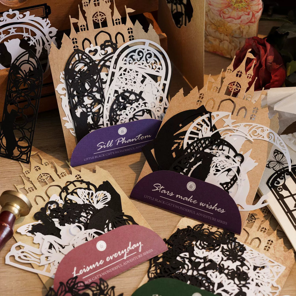 Little Black Cat's Wonderful Adventure Hollow-Out Card Pack | 10 cards per pack, 4 Styles, Black Cardstock