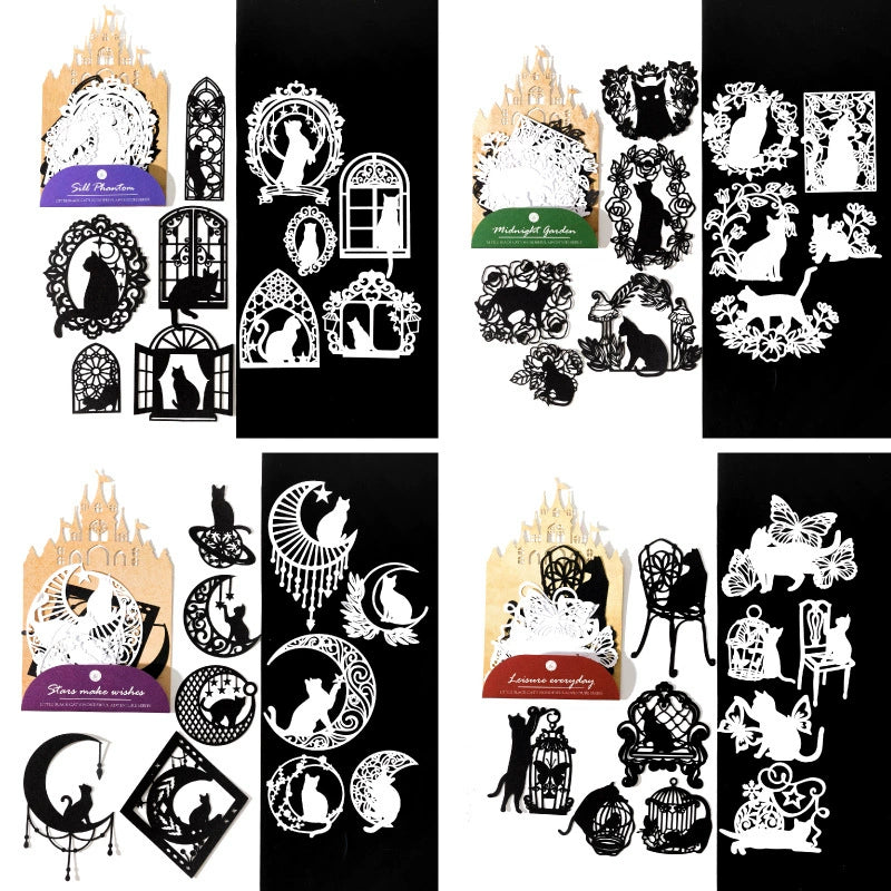Little Black Cat's Wonderful Adventure Hollow-Out Card Pack | 10 cards per pack, 4 Styles, Black Cardstock