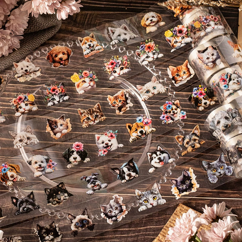 Cat and Dog Little Corner Die-Cut Washi Tape | 1 roll per pack, 6 Styles, PET