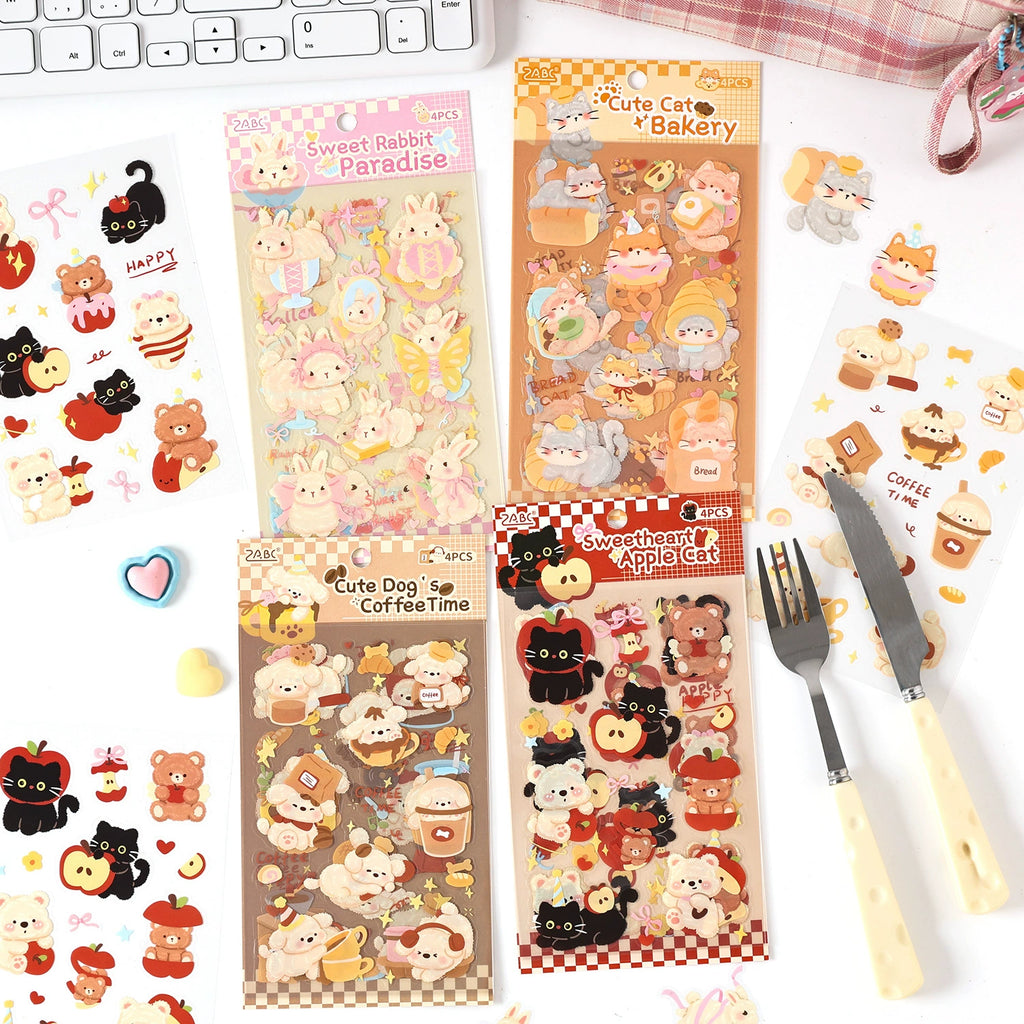 Cute Pet Tea Party Sticker Sheets | 4 sheets per pack, 3 Styles, PET