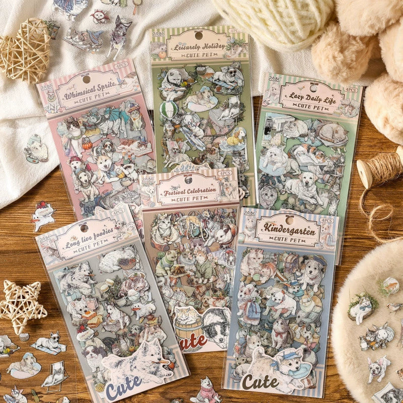 Cute Pet Series Vintage Illustrated Sticker Sheets | 6 Styles, PET