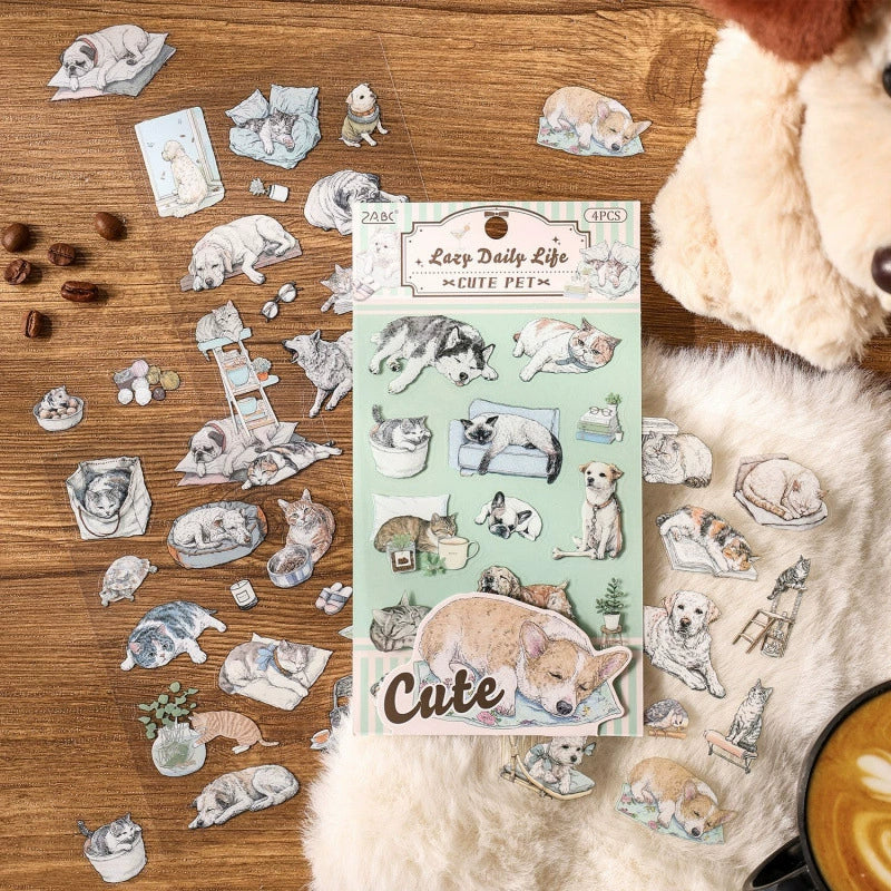 Cute Pet Series Vintage Illustrated Sticker Sheets | 6 Styles, PET