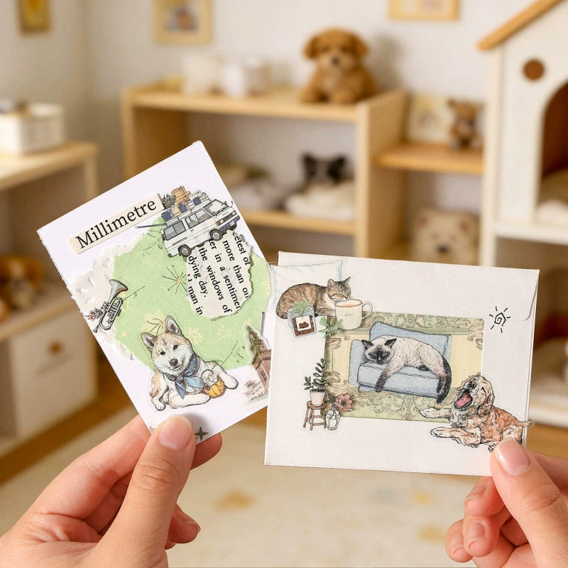 Cute Pet Series Vintage Illustrated Sticker Sheets | 6 Styles, PET