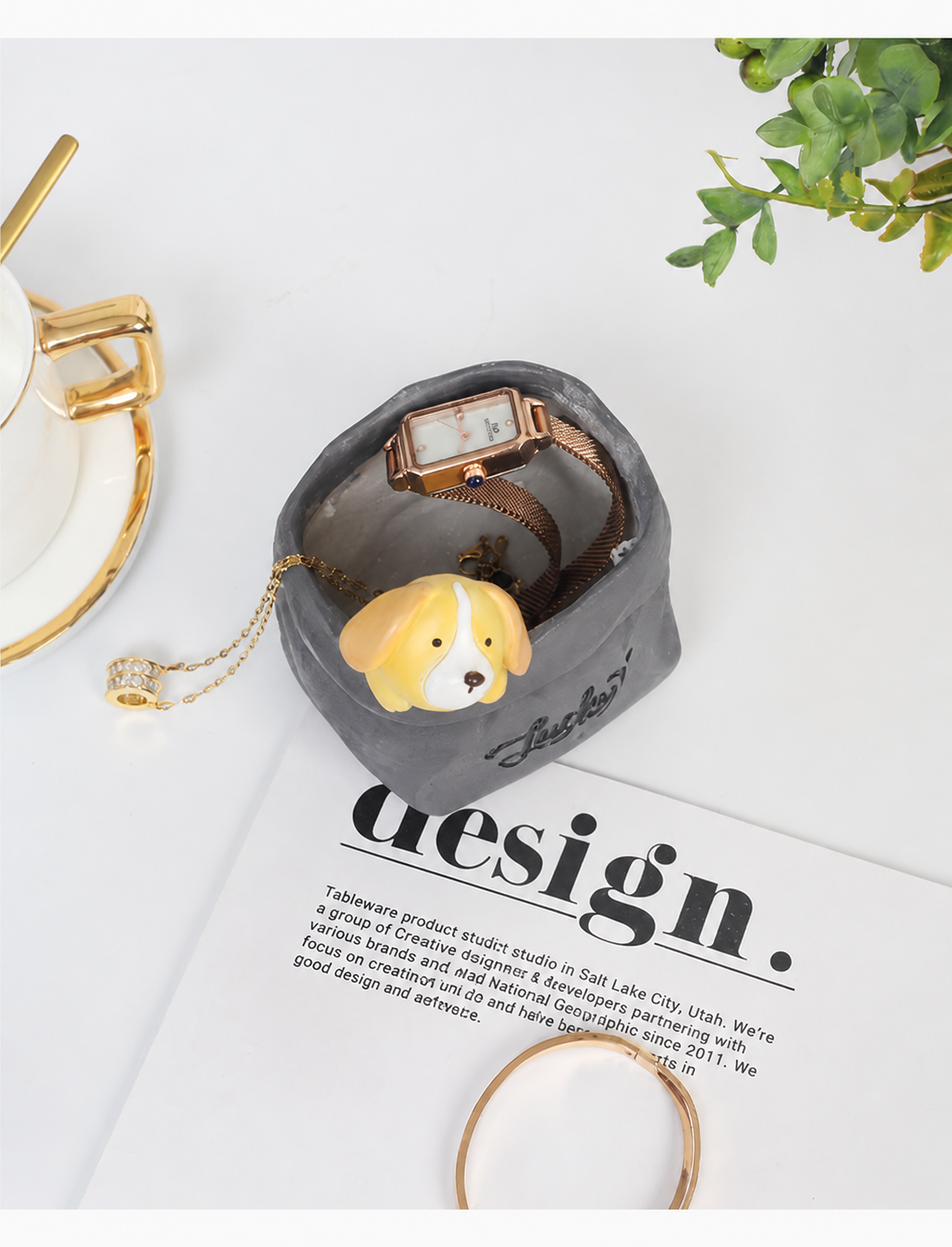 Paper Bag Planter - ROOGO Resin Cat & Puppy Succulent Pot with Drainage, Desk Organizer