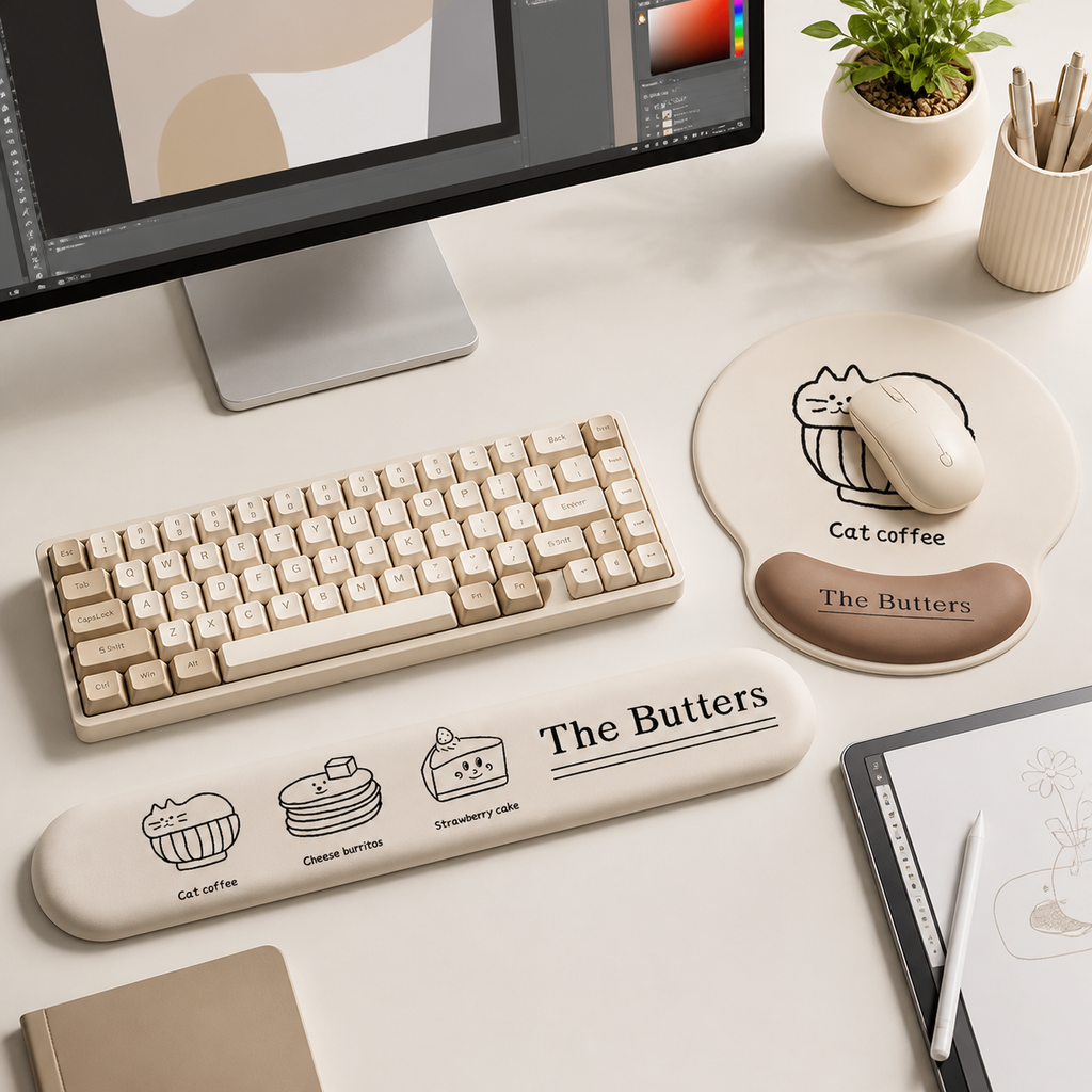 Cute Cartoon Mouse Pad & Keyboard Wrist Rest Set | Memory Foam Support