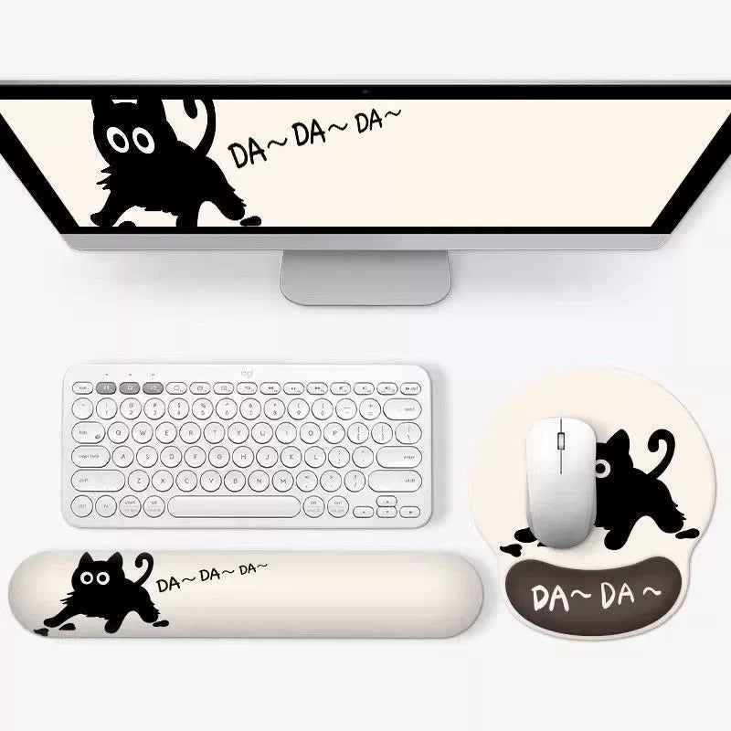 Funny Cartoon Cat Mouse Pad & Keyboard Wrist Rest Set | Silicone Support
