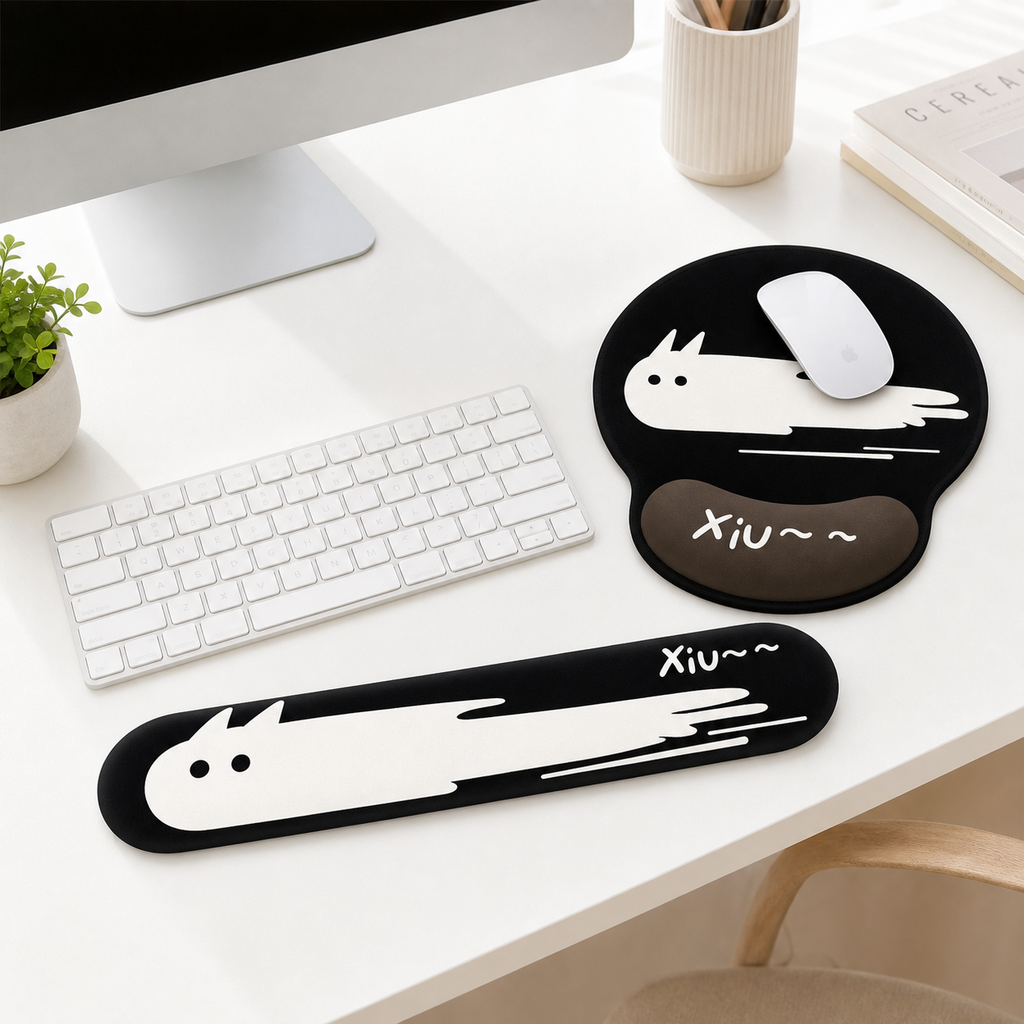 Funny Cartoon Cat Mouse Pad & Keyboard Wrist Rest Set | Silicone Support