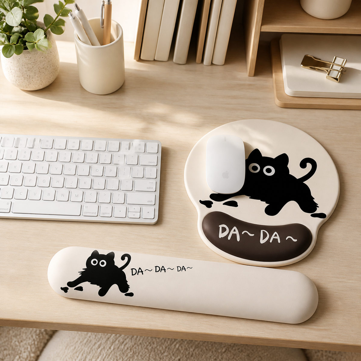 Funny Cartoon Cat Mouse Pad & Keyboard Wrist Rest Set | Silicone Support