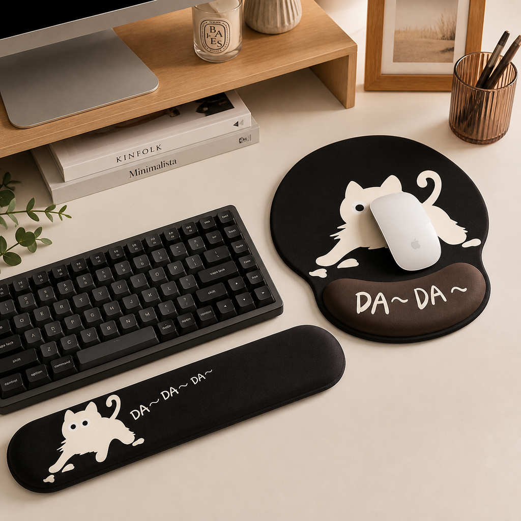 Funny Cartoon Cat Mouse Pad & Keyboard Wrist Rest Set | Silicone Support