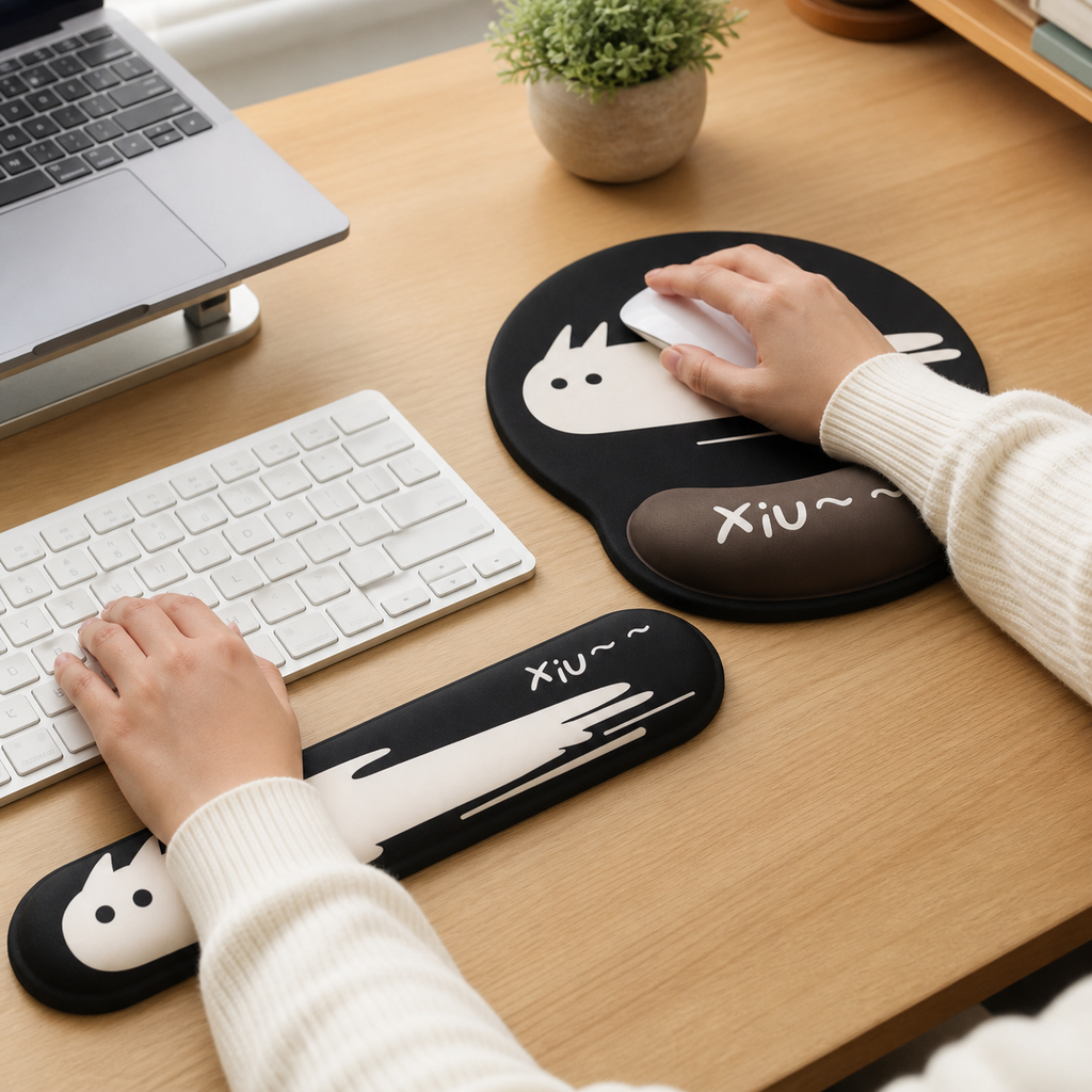 Funny Cartoon Cat Mouse Pad & Keyboard Wrist Rest Set | Silicone Support