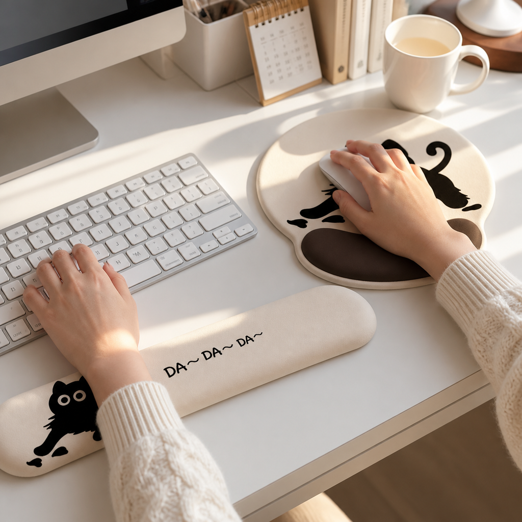 Funny Cartoon Cat Mouse Pad & Keyboard Wrist Rest Set | Silicone Support