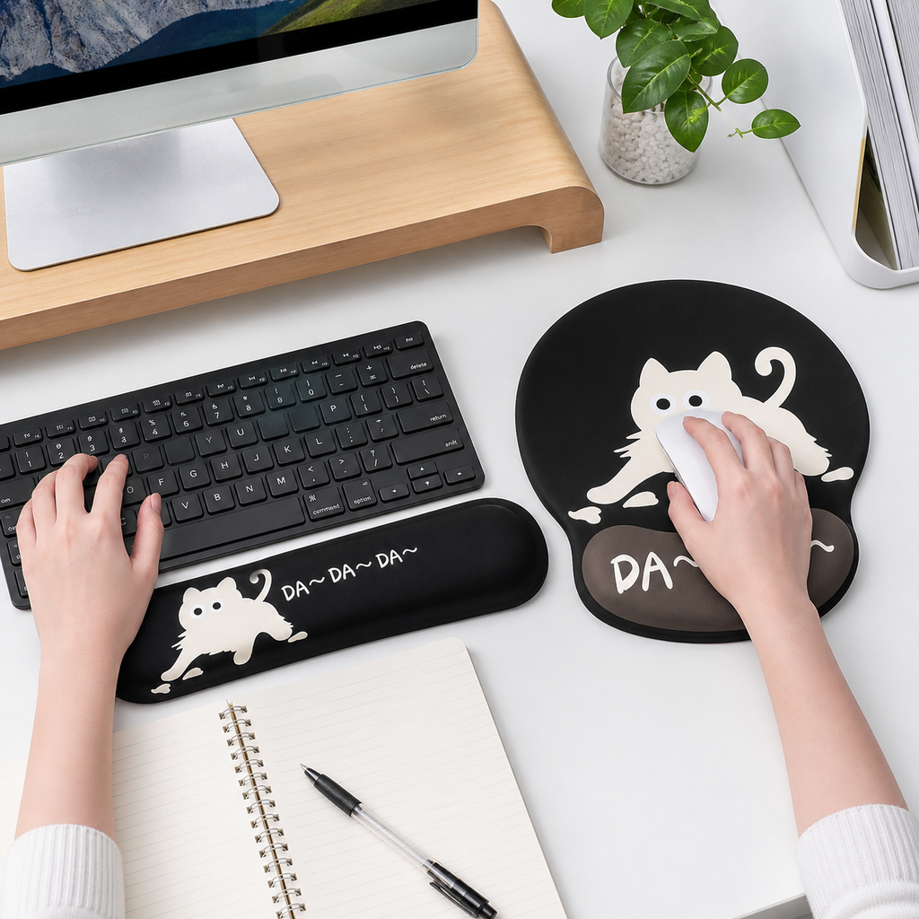 Funny Cartoon Cat Mouse Pad & Keyboard Wrist Rest Set | Silicone Support