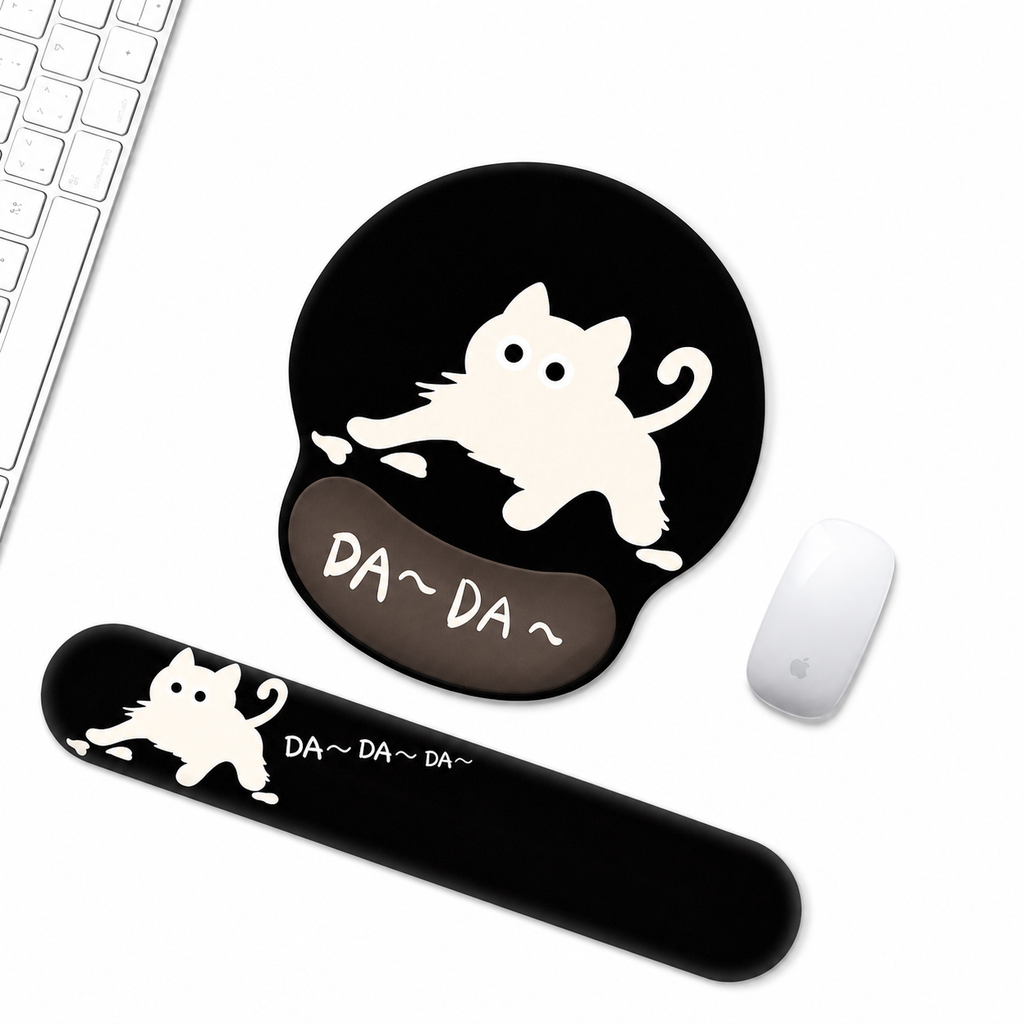 Funny Cartoon Cat Mouse Pad & Keyboard Wrist Rest Set | Silicone Support