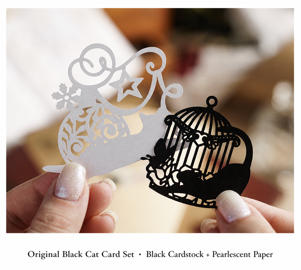 Little Black Cat's Wonderful Adventure Hollow-Out Card Pack | 10 cards per pack, 4 Styles, Black Cardstock