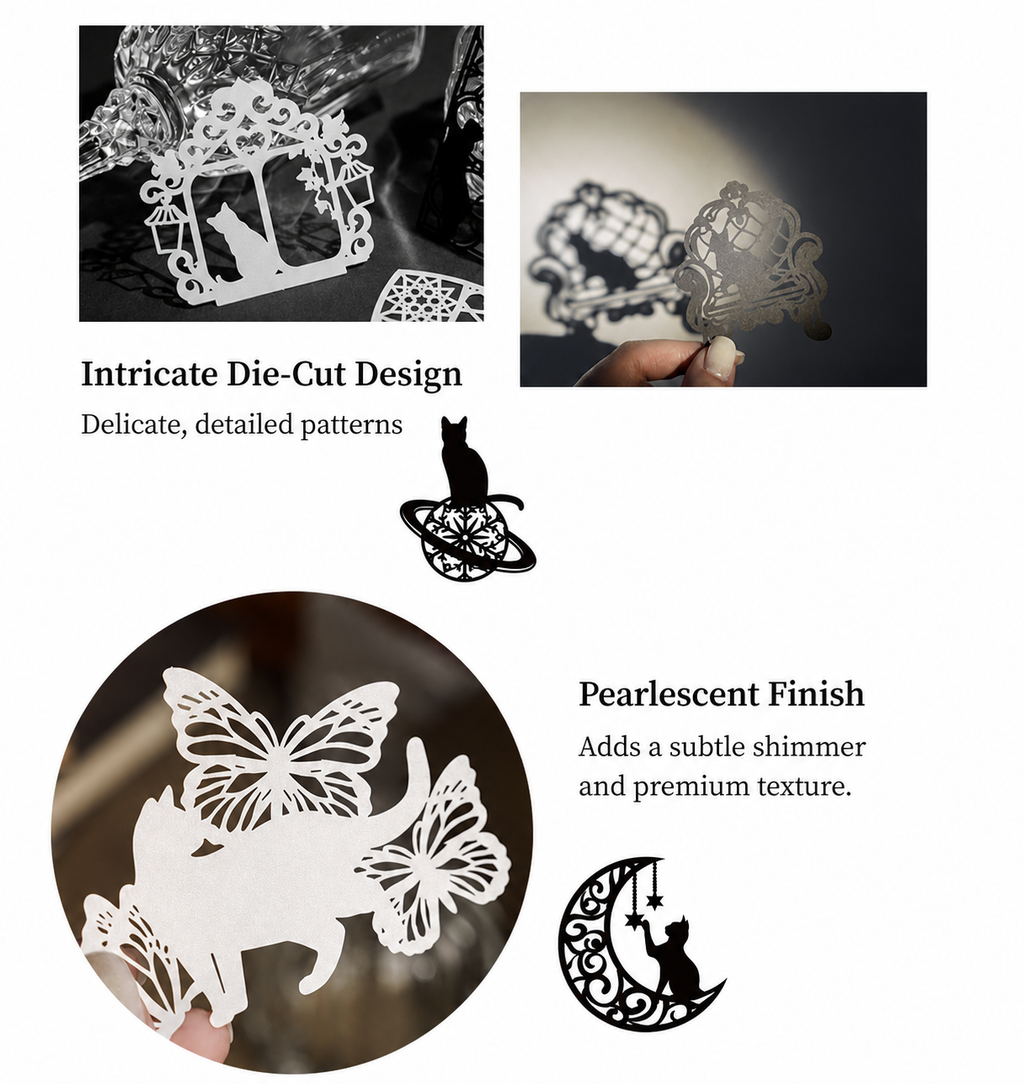 Little Black Cat's Wonderful Adventure Hollow-Out Card Pack | 10 cards per pack, 4 Styles, Black Cardstock