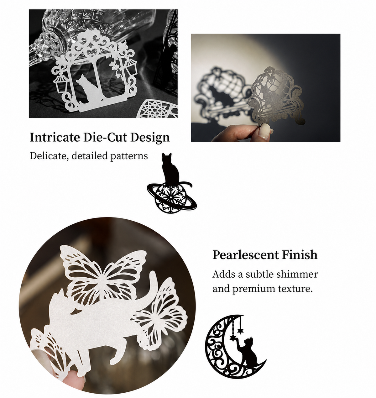 Little Black Cat's Wonderful Adventure Hollow-Out Card Pack | 10 cards per pack, 4 Styles, Black Cardstock